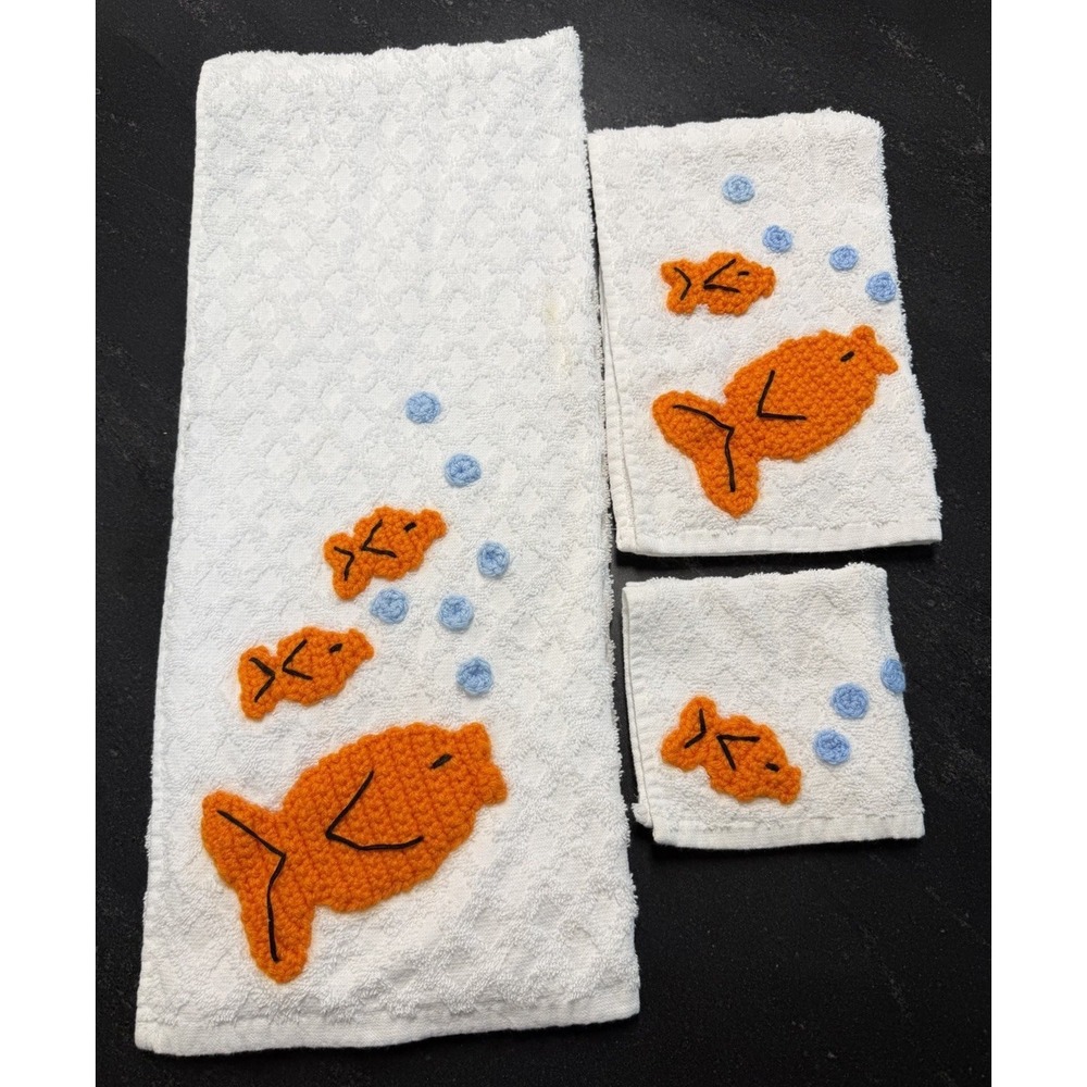 Vintage Crochet Goldfish Bath Towel Set 3pc Handmade Mid Century Kitsch Decor